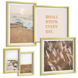 BILDER SET 5er Set - 50x50 cm & 20x30 cm & 40x60 cm Goldrahmen - Strandwellen, Steine, Sommer
