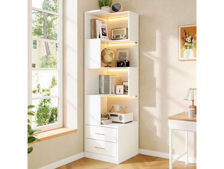 Vitrine LED-Multifonction Meuble Angle Salon Rangement-2 Tiroirs-4 Étagères-Compartiments-Meuble L Angle Sur Pieds-Chambre-blanc