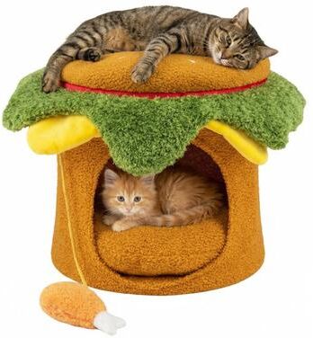 Costway Hamburger Cat Nest with Chicken Drumstick Toy and Removable Cushion for Indoor Cats-Yellow