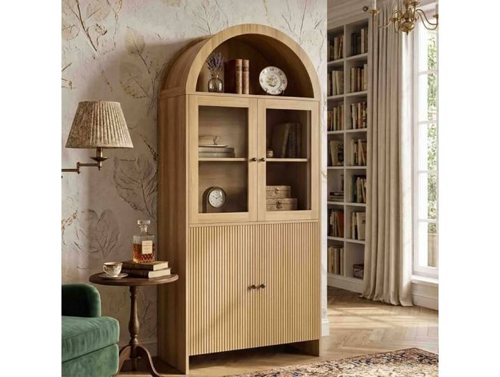 Buffet Haut 78 x 40 x 176 cm - Dessus Arqué - Vitrine & Rangement - Bois Naturel PB
