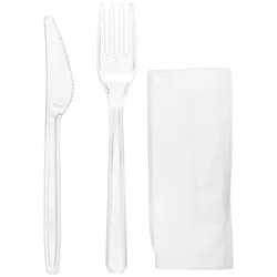 MONOUSO - Wiederverwendbares PS Besteckset Gabel, Messer und Serviette (25 Stück)