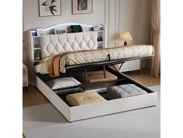 Blanketswarm - Lit Coffre 160 X 200 Cm Avec Led\, Lit Double Rembourré Avec Usb\, Lit Double Coffre Lit Double Avec Rangement Cadre De Lit - Velours - Beige
