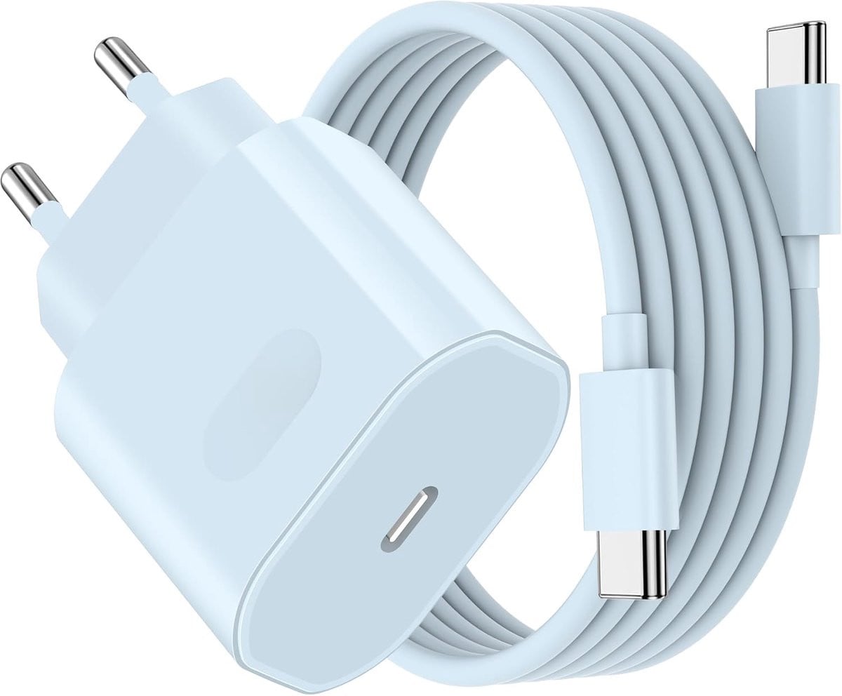 Blauwe 27W USB-C sneloplader met 2 meter kabel voor iPhone 16, 16 Pro, 16 Pro Max, 16 Plus, 15, 15 Pro, 15 Pro Max en 15 Plus en iPad