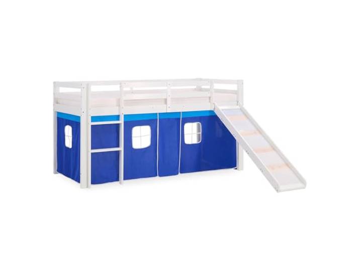 Homestyle4u Hochbett Kinder 90x200 Weiß mit Rutsche & Vorhang Blau