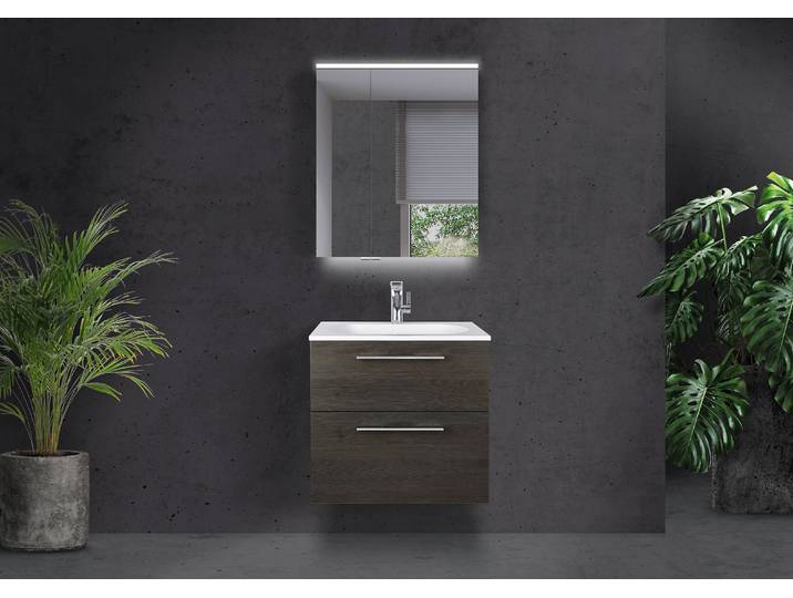Badmöbel Set Modica 60 cm mit Evermite Waschtisch, Spiegelschrank mit Multilight-LED