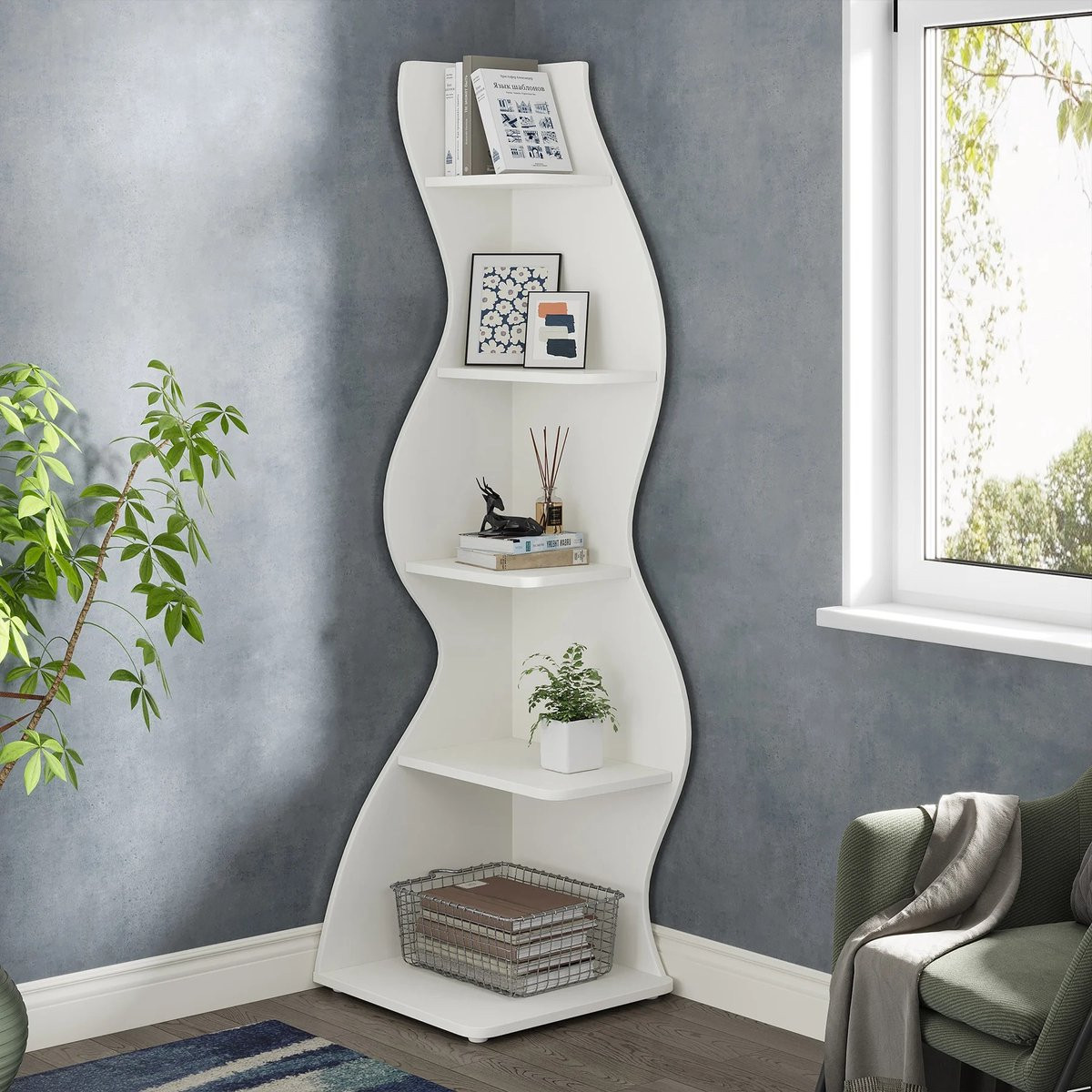 Questyr Hoekplank Wit – 5-Laags Moderne Wandplank voor Woonkamer, Slaapkamer of Kantoor – Breedte: 180 cm