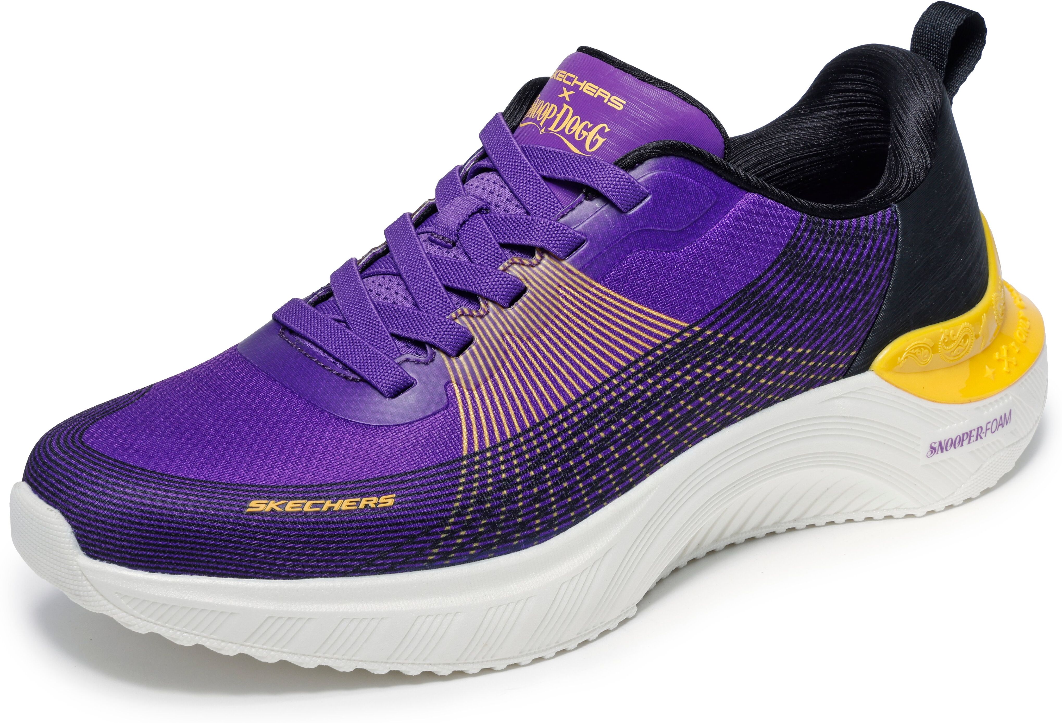Slip-On Sneaker SKECHERS "SNOOP ACE-CYBER WALKER", Herren, Gr. 42, Textil, lila (lila, gelb), Lederimitat, Textil, kontrastfarbene Details, Schuhe Slip-On Sneaker, Schnürschuh, Sportschuh, Snoop Sneaker zum Schlupfen lila, gelb 42, Textil