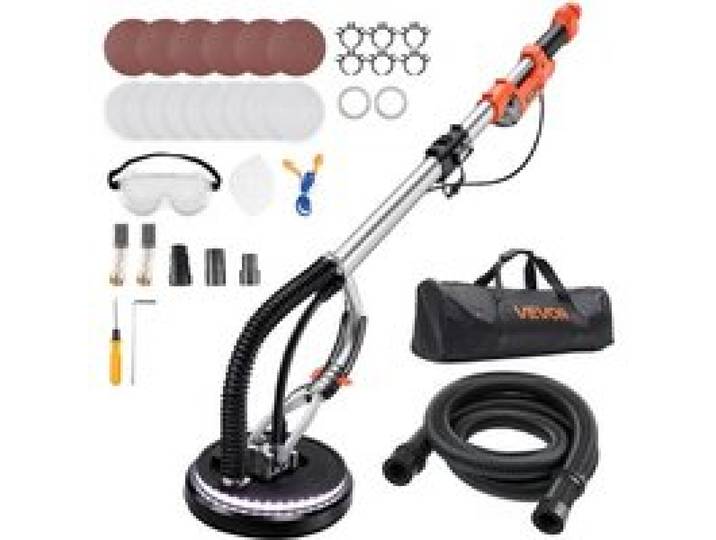 VEVOR Trockenbauschleifer, 1010 W Deckenschleifer mit 255 mm Schleifteller, Langhalsschleifer mit 1000–2200 U/min Drehzahl, Doppelwandiger LED, Ausziehbarem Griff, 15 Schleifscheiben, Staubschlauch