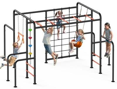 Klokick 7-in-1 Outdoor Climbing Playset with Swing, Monkey Bars & Net – 600 lb Capacity Backyard Gym for Kids