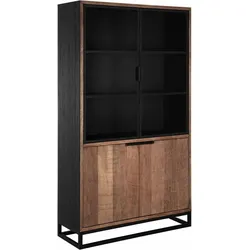 Vitrinenschrank Cosmo Teak Massivholz, Industrial Design, natur, 2 Klapptüren, Metallgestell