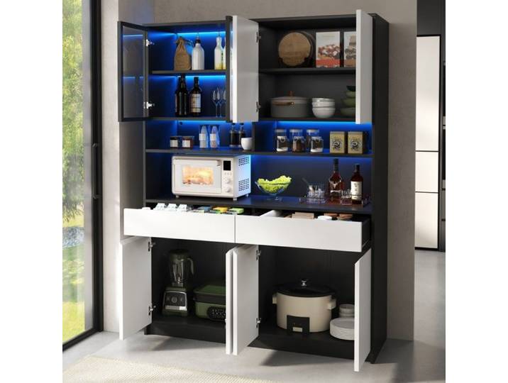 Buffet Haut Blanc Noir 120x38x160cm Vitrine LED Contrôlable App Étagères Réglables Meuble Rangement Exposition Salon Design Moderne