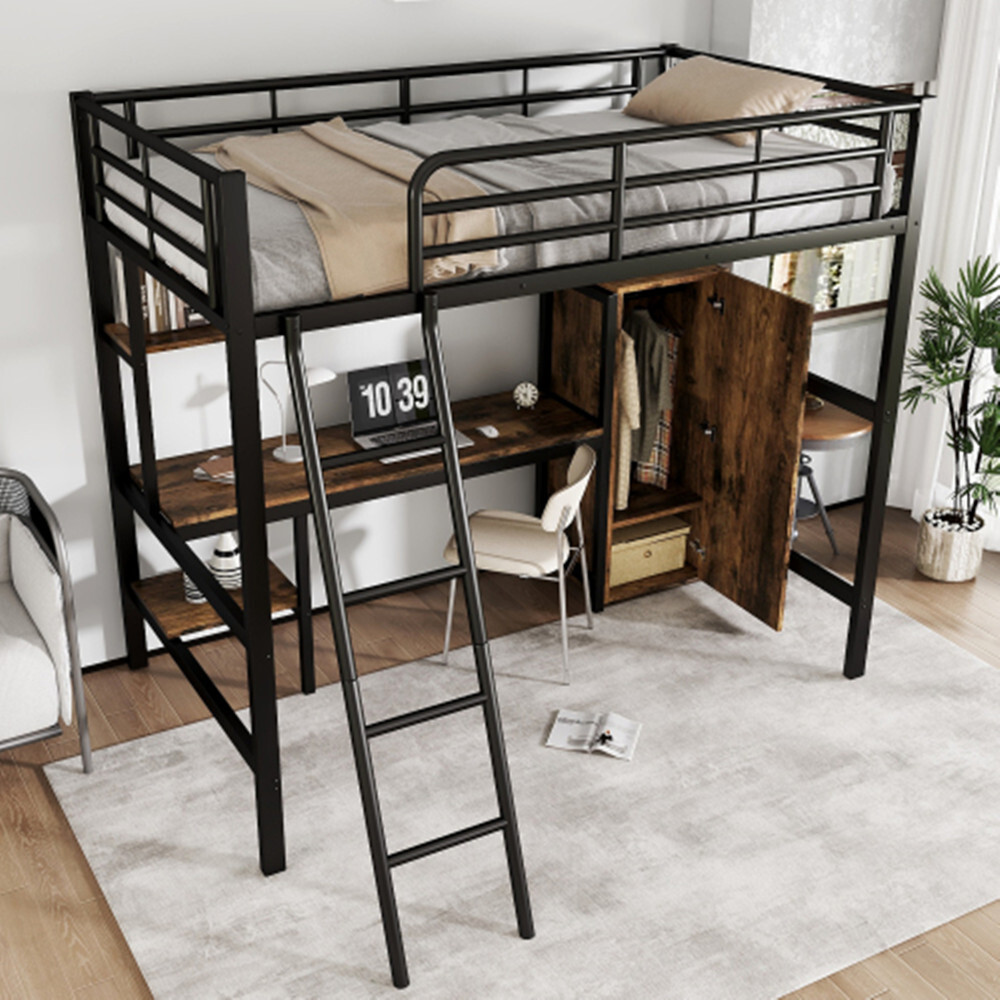 Eisenbett, Etagenbett,mit Tisch und Kleiderschrank, Reichlich Ablagefächer, Mit 4-stufiger Leiter,90x200cm