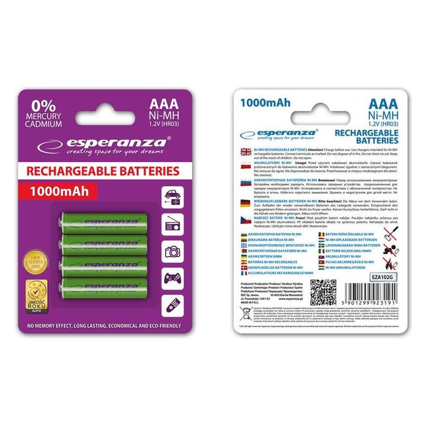 Esperanza EZA102G - Akku Ni-MH AAA 1000 mAh x4 (4 Stk., AAA, 1000 mAh) (ESP-EZA102G)