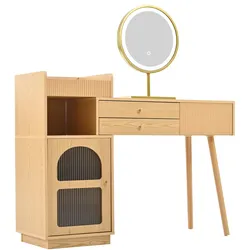 SCHMINKTISCH mit LED-Spiegel – Holzoptik, 3 Schubladen & Seitenschrank