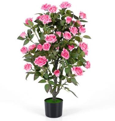 "Costway 35.5"" Artificial Rose Tree with Blooming Flowers and Green Leaves for Indoor-Pink"