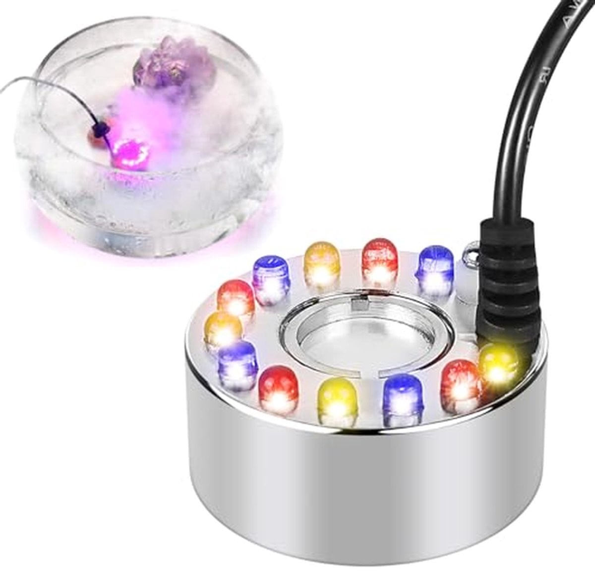 Ultrasone Vernevelaar Mini Rookmachine voor Vijver Decoratie met 12 LED Kleuren - Zwart - 13 cm