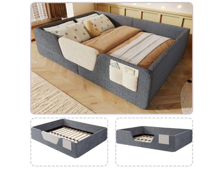 Lit rembourré enfant - 140x190 cm - Gris - Velours - Barrières amovibles - Poche de rangement - Montage facile