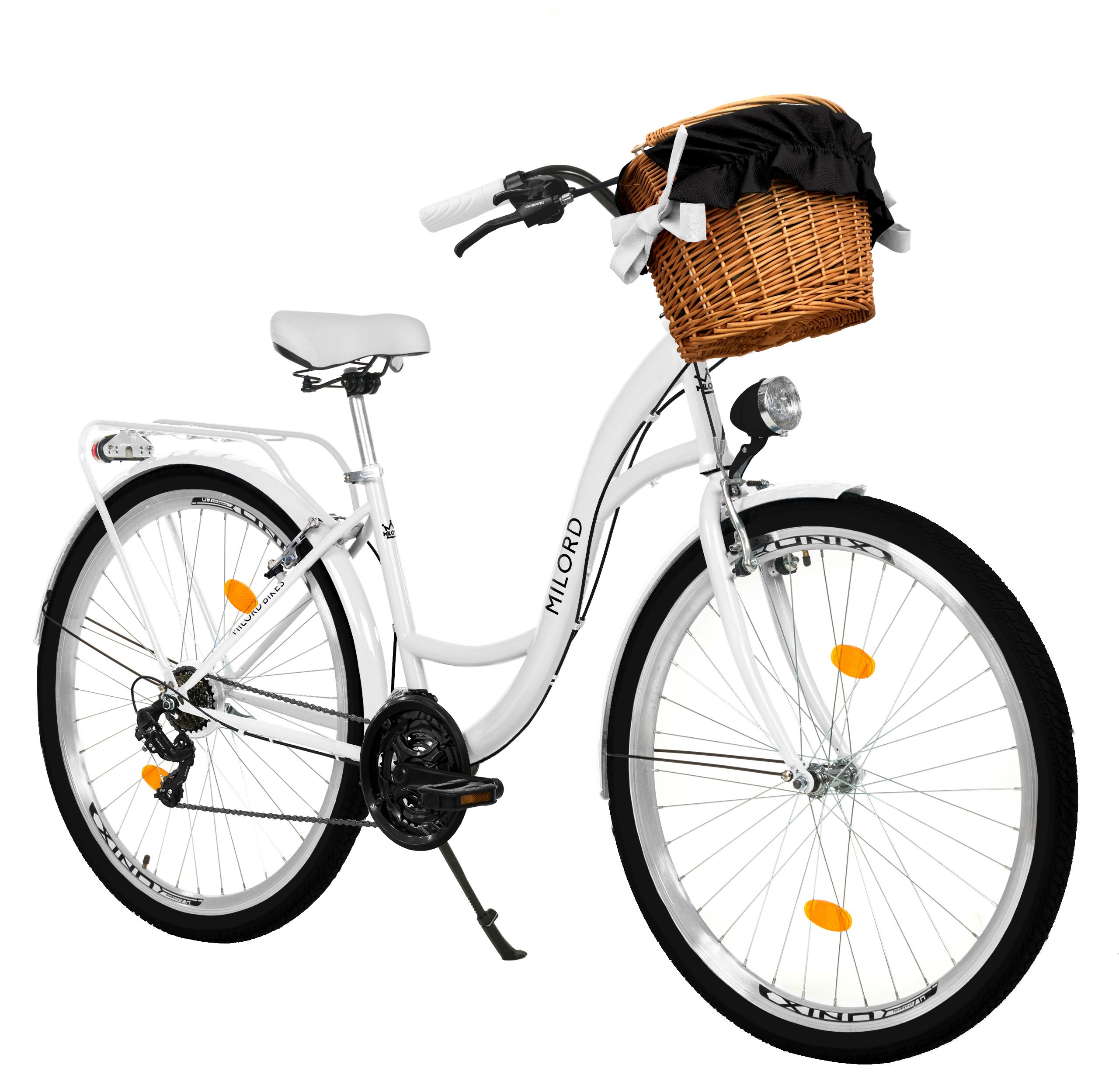 MILORD Damenfahrrad Citybike Komfort Mit Weidenkorb Hollandrad Fahrrad, 26 Zoll, 21-Gang, Weiß