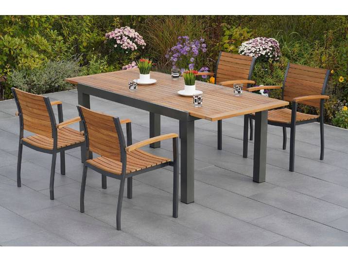 Garten-Essgruppe MERXX Santorin , grau (graphit, natur), Aluminium, Massivholz, Sitzmöbel-Sets, Garten-Essgruppe