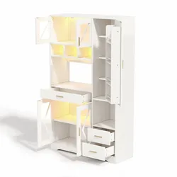 OKWISH Buffetschrank MDF Weiß 105x40x185 cm mit LED, Steckdosenmodul, Schublade, verstellbaren Einlegeböden und Glas­türen
