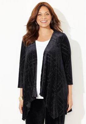 Plus Size Women's AnyWear Velvet Burnout Cascade Cardigan by Catherines in Black Geo Burnout (Size 4X)