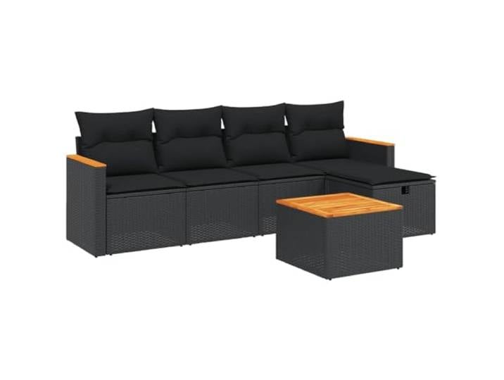 KTHLBRH Gartenmöbel-Set, 6-teilig, Polyratan, schwarz, mit Kissen PE-Rattan, pulverbeschichteter Stahl, Beistelltisch aus Akazienholz, abnehmbare Kissen, modulares Design