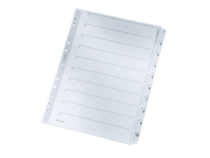 Leitz Register voor A4, omslagblad en 10 tabbladen, tabbladen met cijferopdruk 1-10, gatrand en kleurrijke tabbladen met folie versterkt (Mylar), grijs, karton, 43240000