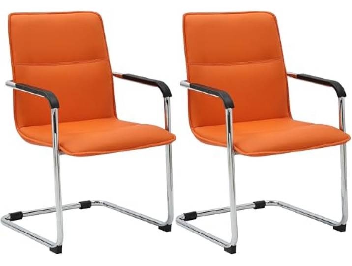CLP Freischwinger Stühle 2er Set mit Armlehnen Seattle, Moderne Esszimmerstühle gepolstert mit Kunstlederbezügen, Gestelle in Chromoptik Farbe orange