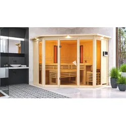 Karibu Multifunktions-Sauna Asta inkl. Infrarotstrahler mit Eckeinstieg 68 mm Inkl. Dachkranz 9 kW Ofen inkl. Huum Wlan Steuergerät mit App-Funktion inkl. gratis Zubehörpaket im Wert von 126,96€