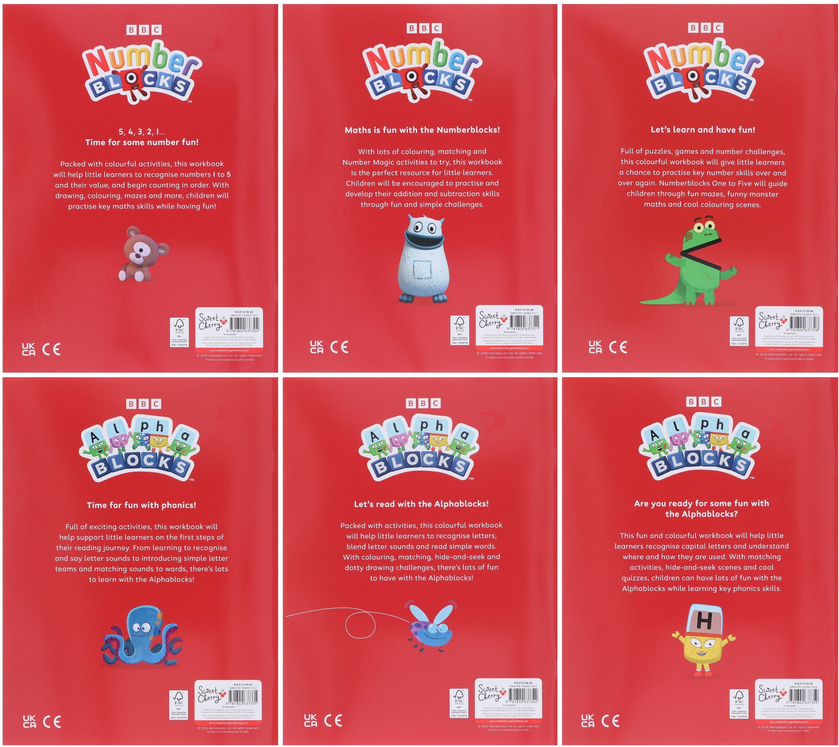 Sweet Cherry Publishing Numberblocks and Alphablocks Level 1 Collection 6 Workbooks Set With Stickers (Numberblocks Numbers and Counting, Adding and Subtracting, Puzzles and