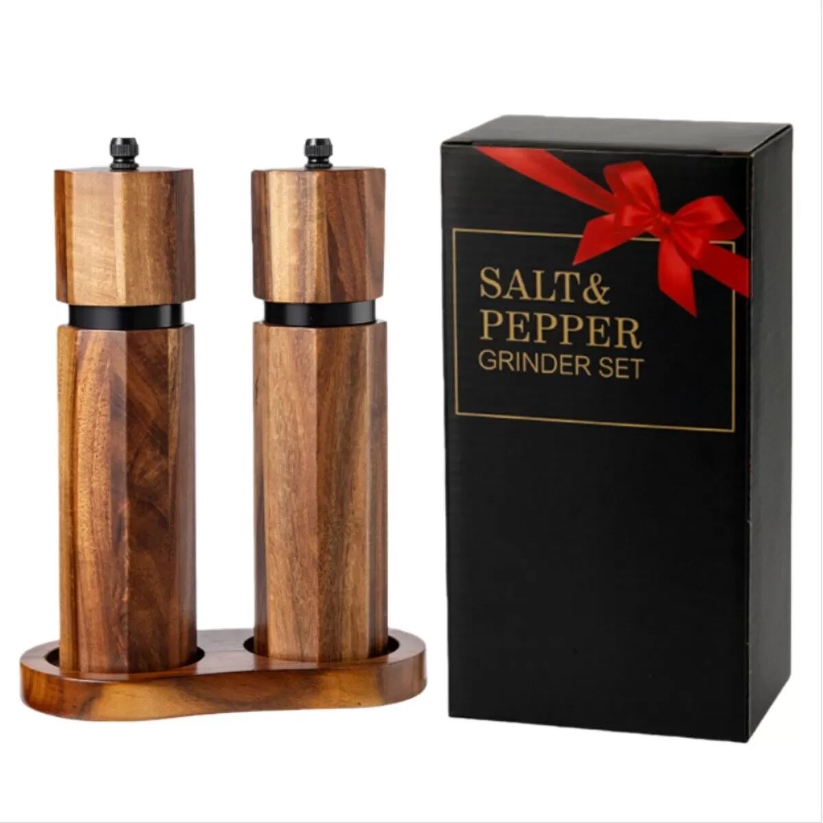 INF 8-Zoll-Zweiteiliges Pfeffermühlen-Set aus Naturkautschukholz mit Basis, Löffel und Bürsten