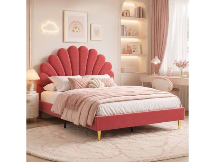 JiaOyu Kinderbett Polsterbett 140x200 cm, Bettgestell für Mädchen mit geblümtem Kopfteil und Lattenrost, Samt Doppelbett muschelartiges Bett mit goldenen Eisenbeinen, ohne Matratze (Rotwein)