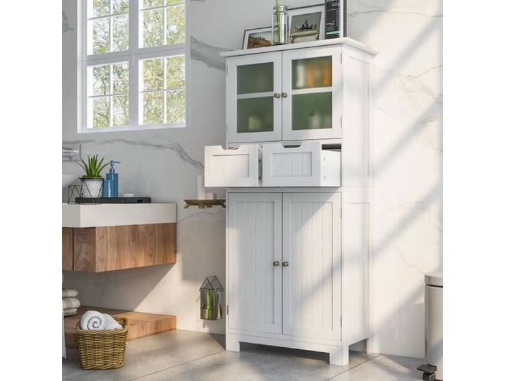 Meuble Salle de Bain COSTWAY - 4 Portes 2 Tiroirs - Armoire Salle de Bain - Étagères Réglables - Salon Cuisine - 60 x 30 x 128 cm