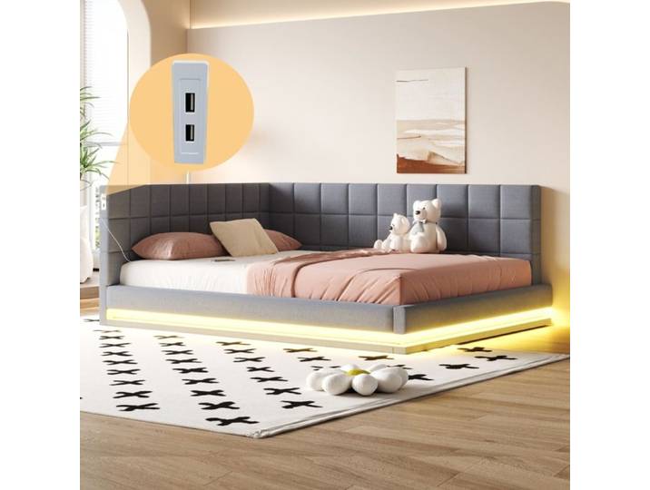 Lit de jour Lit plat Lit Banquette 160x200cm rembourré velours LED+USB lattes Gris