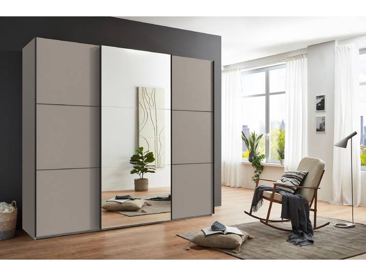 Schwebetürenschrank Indiana 250cm Grau/Beige/Saharagrau mit Spiegeltür/-en