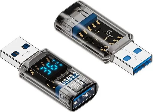 INF USB 3.2 A Stecker auf A Buchse Adapter mit Digitalanzeige, Transparent Schwarz (2er-Pack)