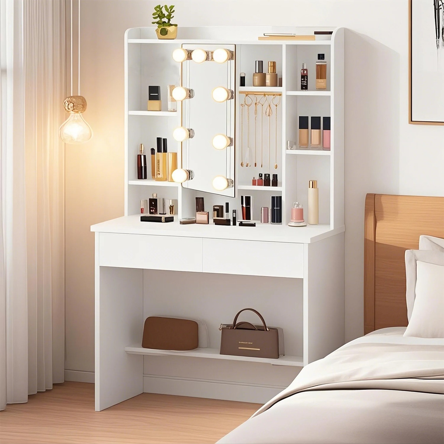 VASAGLE Schminktisch mit LED-Beleuchtung, einstellbare Lichtfarben und Helligkeit, Frisiertisch mit Spiegel RDTB35126W01
