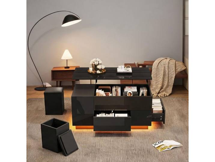 Table basse relevable noire 100x50cm avec LED et 2 tabourets de rangement multifonction lumineuse design