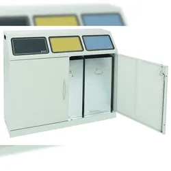 PROREGAL Flügeltüren-Abfallbehälter mit großem Einwurf & Stahleinsatz, HxBxT 100x118x38cm, Selbstlöschend & Geruchshemmend, Klappenaufkleber 3 Farben
