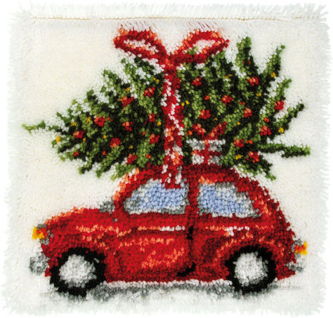 Knüpfkissen "Auto mit Weihnachtsbaum"