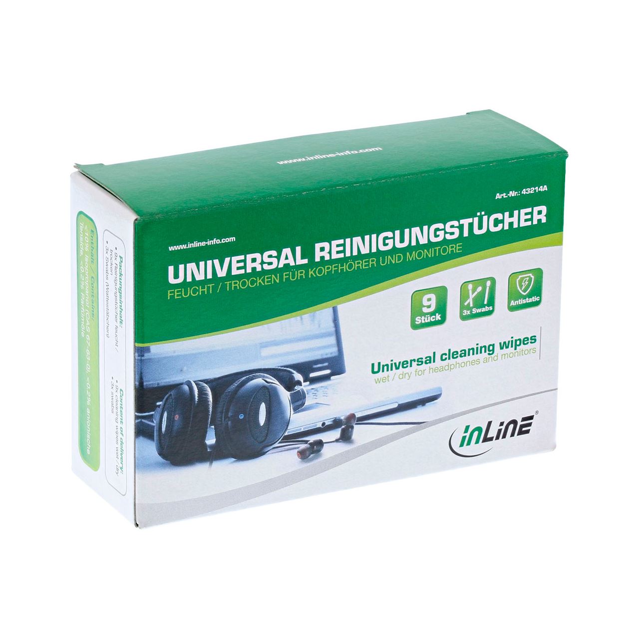 InLine Universal Reinigungstücher nass/trocken für Kopfhörer und Monitore Kopfhörer / Monitore Reinigungstücher 9 Stück Karton (43214A)