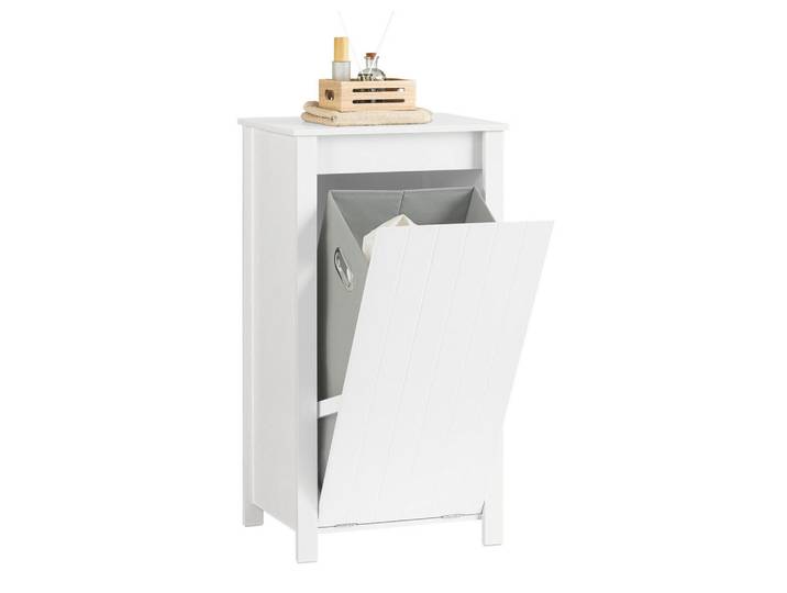 SoBuy Wäscheschrank mit Wäschesack Weiß, Holzwerkstoff, 45x86x35 cm, Badezimmer, Badezimmerschränke, Midischränke
