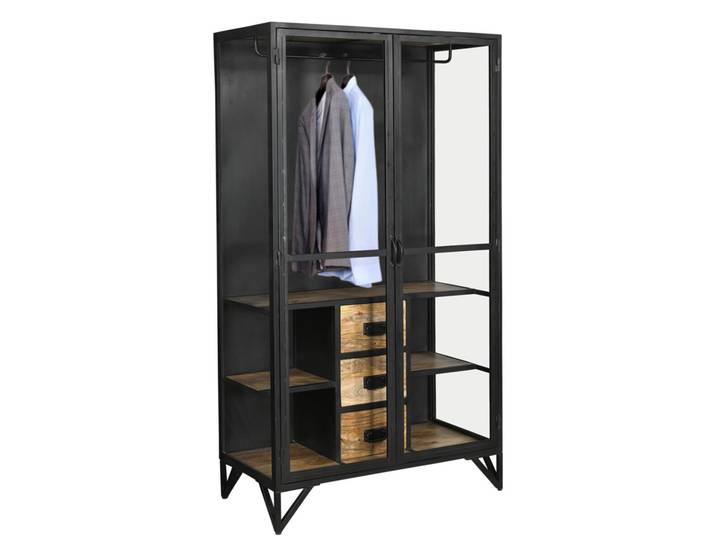 Kleiderschrank Glas BARBAR schwarz Metall & Mangoholz Industrial Style
