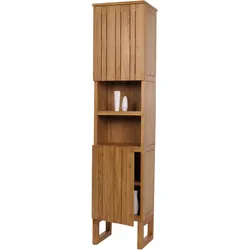 Teak-Hochschrank HWC-M72, Badschrank, 2 Türen 6 Fächer, hochwertiges B-Grade-Teak (Kernholz, 20-30 Jahre) 181x40x35cm