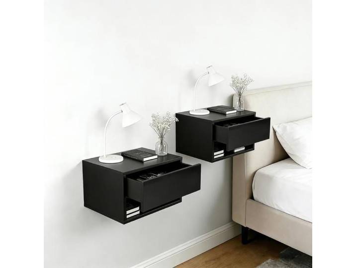 SUPFINE Lot de 2 Tables de Chevet Suspendue Table de Nuit Murale avec Tiroir Table d'Appoint Moderne pour Chambre Salon Noir