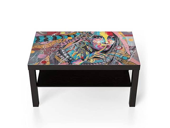 DEQORI Glastisch schwarz groß 90x50 cm Motiv Indigene Schönheit ausgefallener Beistelltisch aus Glas Hochglanz Couchtisch fürs Wohnzimmer moderner Couch Tisch mit Design