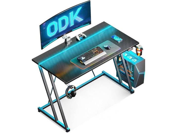 Bureau Gaming LED 100 x 50 cm Bureau Gamer avec Porte-Gobelet et Crochet pour Casque D'écoute Table Gaming Fibre de Carbone Noir