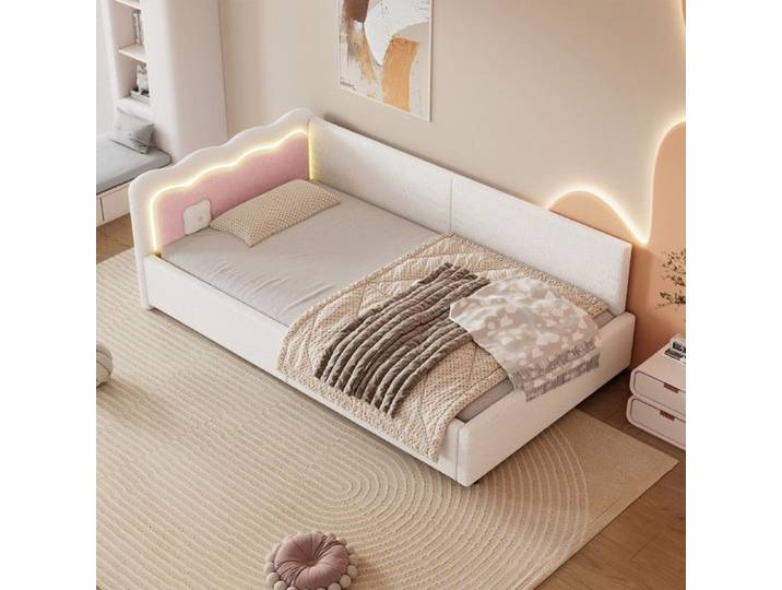 Canapé-Lit 90x200 cm avec éClairage LED Structure de Lit avec Sommier à Lattes Lit Simple Rembourré Lit Enfant Blanc