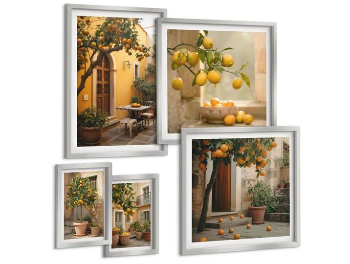 BILDER SET 5er Set - 50x50 cm & 20x30 cm & 40x60 cm Silberner Rahmen - Terrasse mit Zitrusbäumen