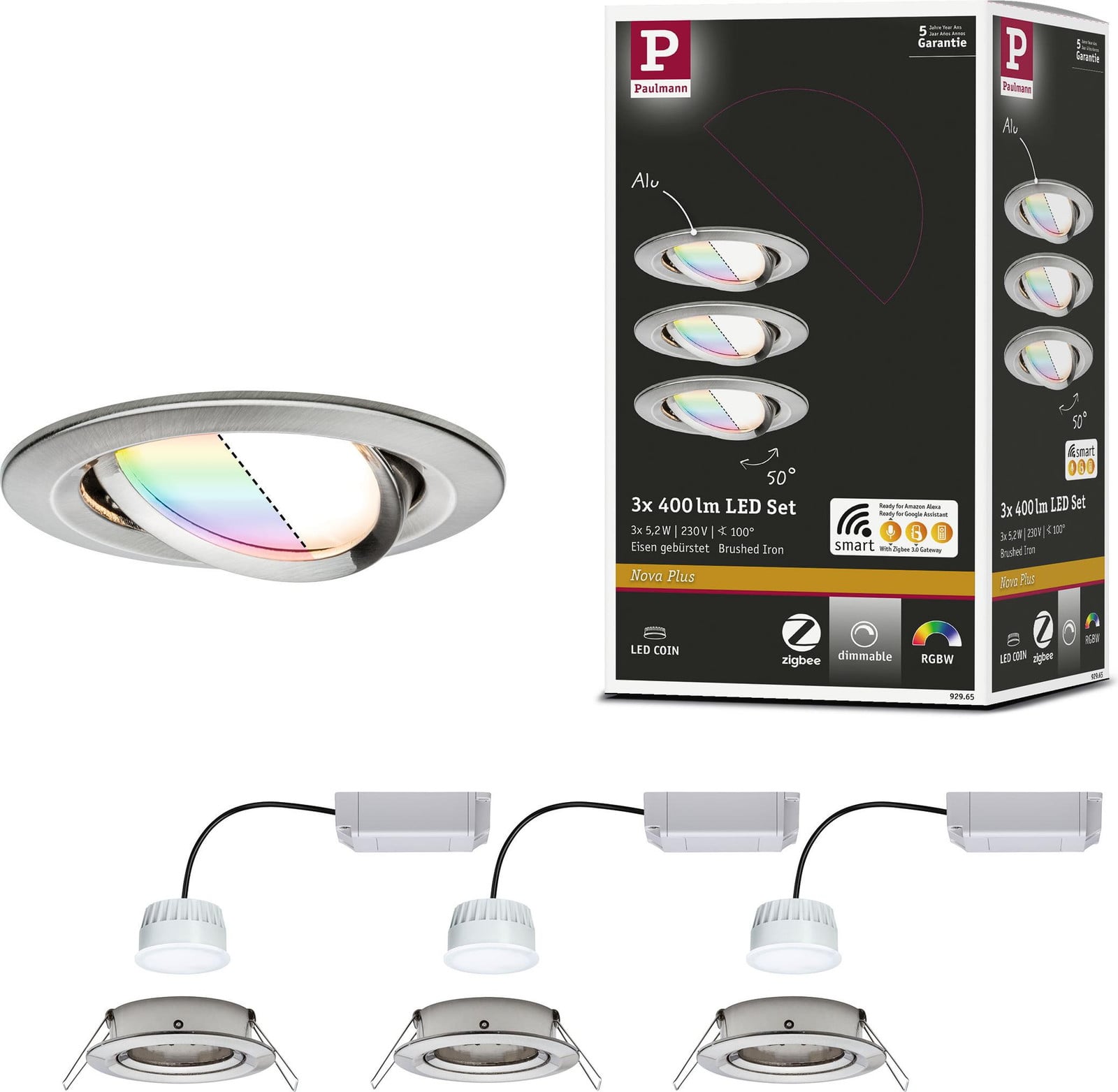 Paulmann Nova Plus Smart Home Zigbee LED inbouwspot set, rond, geborsteld ijzer, RGBW dimbaar